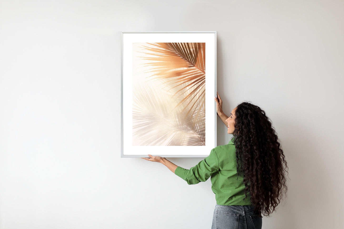 Poster Tropische Palmblätter Mit Schatten Rahmen Holz Mit Passepartout Farbe Natürlich