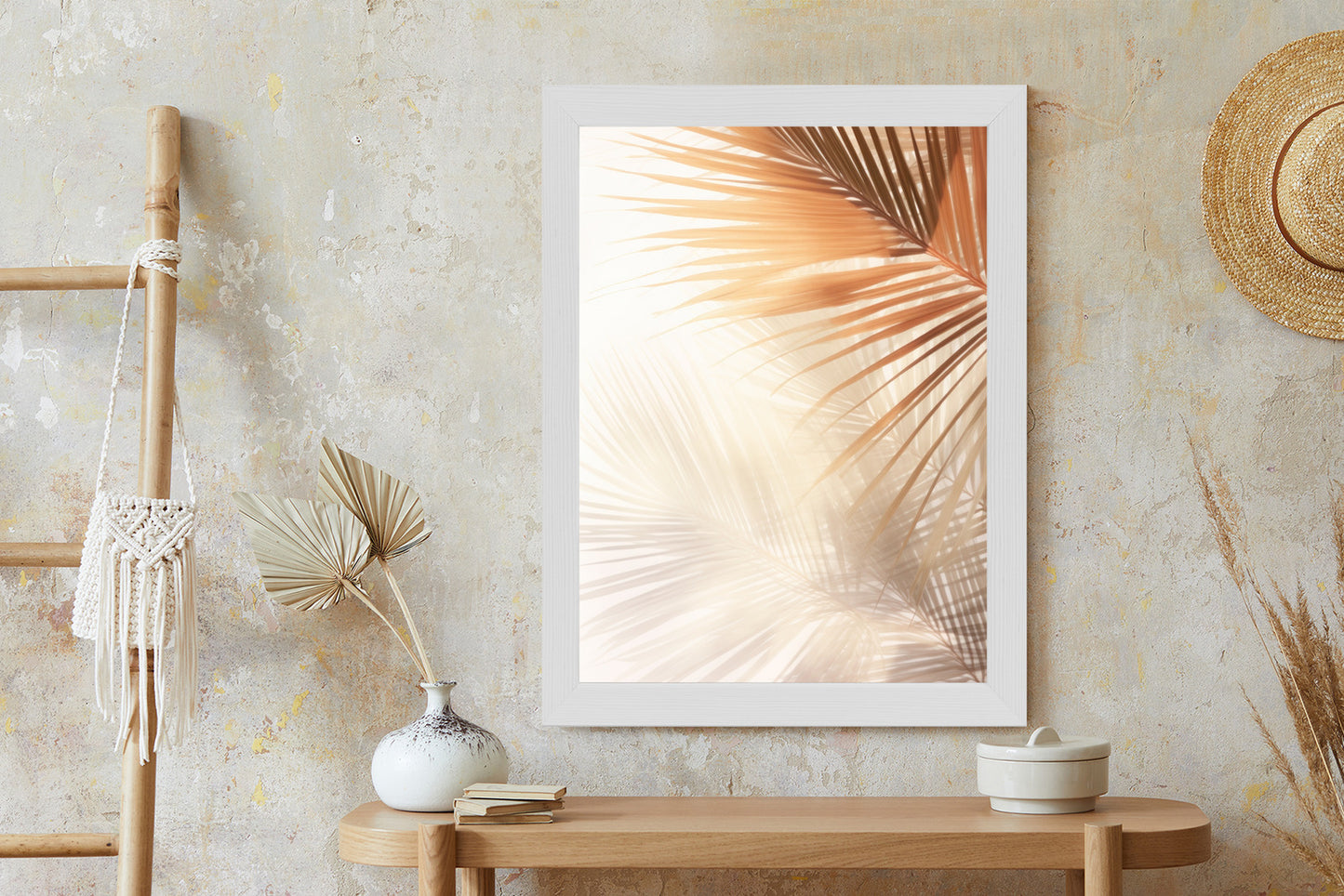 Poster Tropische Palmblätter Mit Schatten Rahmen Holz Mit Passepartout Farbe Natürlich