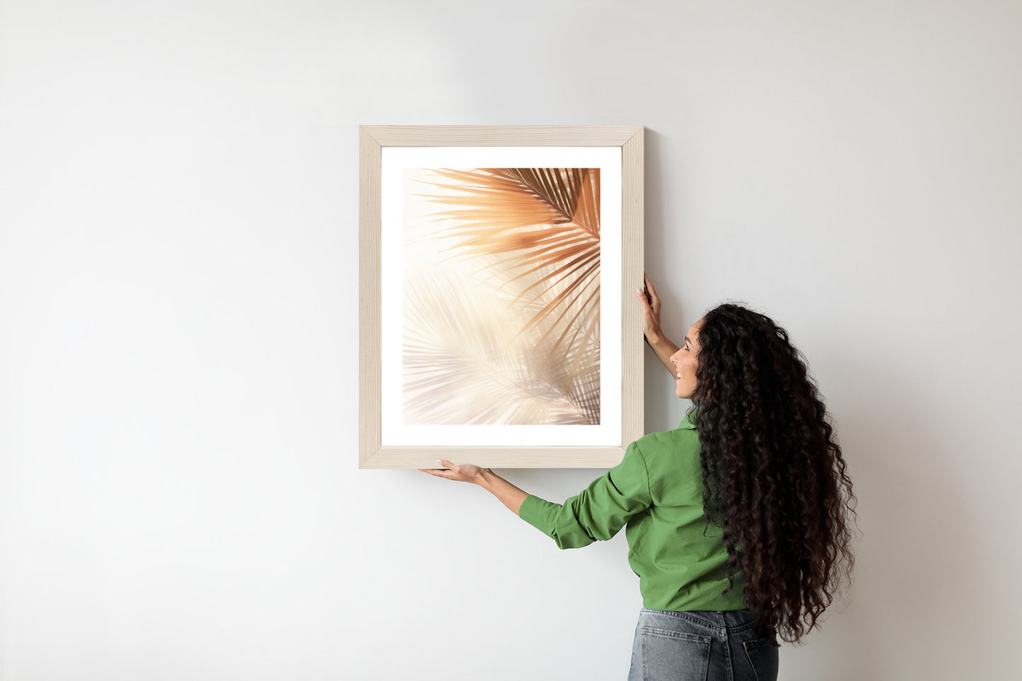 Poster Tropische Palmblätter Mit Schatten Rahmen Holz Mit Passepartout Farbe Natürlich