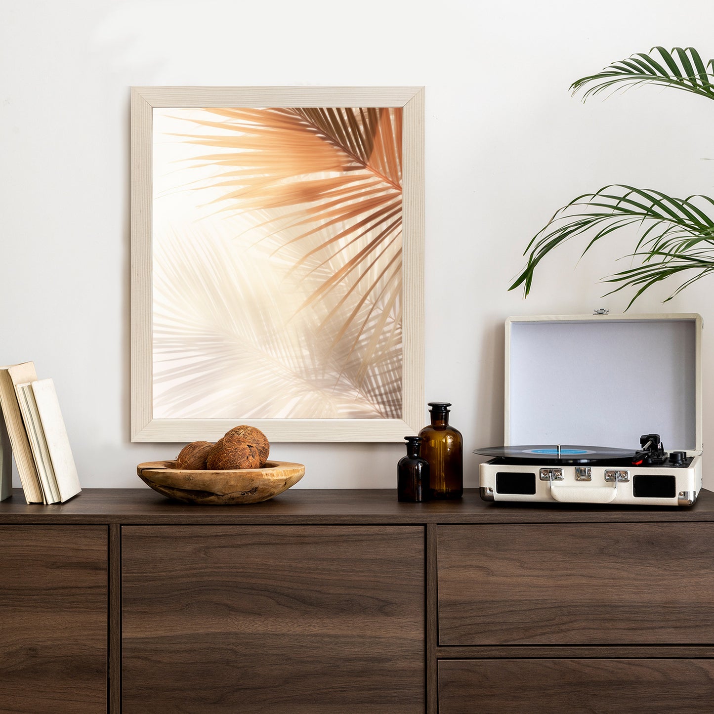 Poster Tropische Palmblätter Mit Schatten Rahmen Holz Mit Passepartout Farbe Natürlich