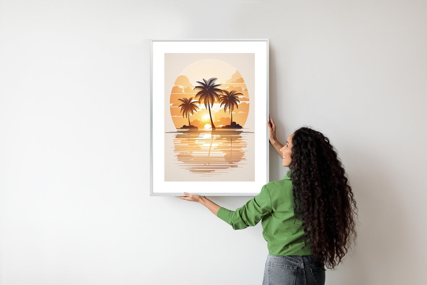 Poster Sonnenuntergang Und Drei Palmen Rahmen Holz Mit Passepartout Farbe Natürlich