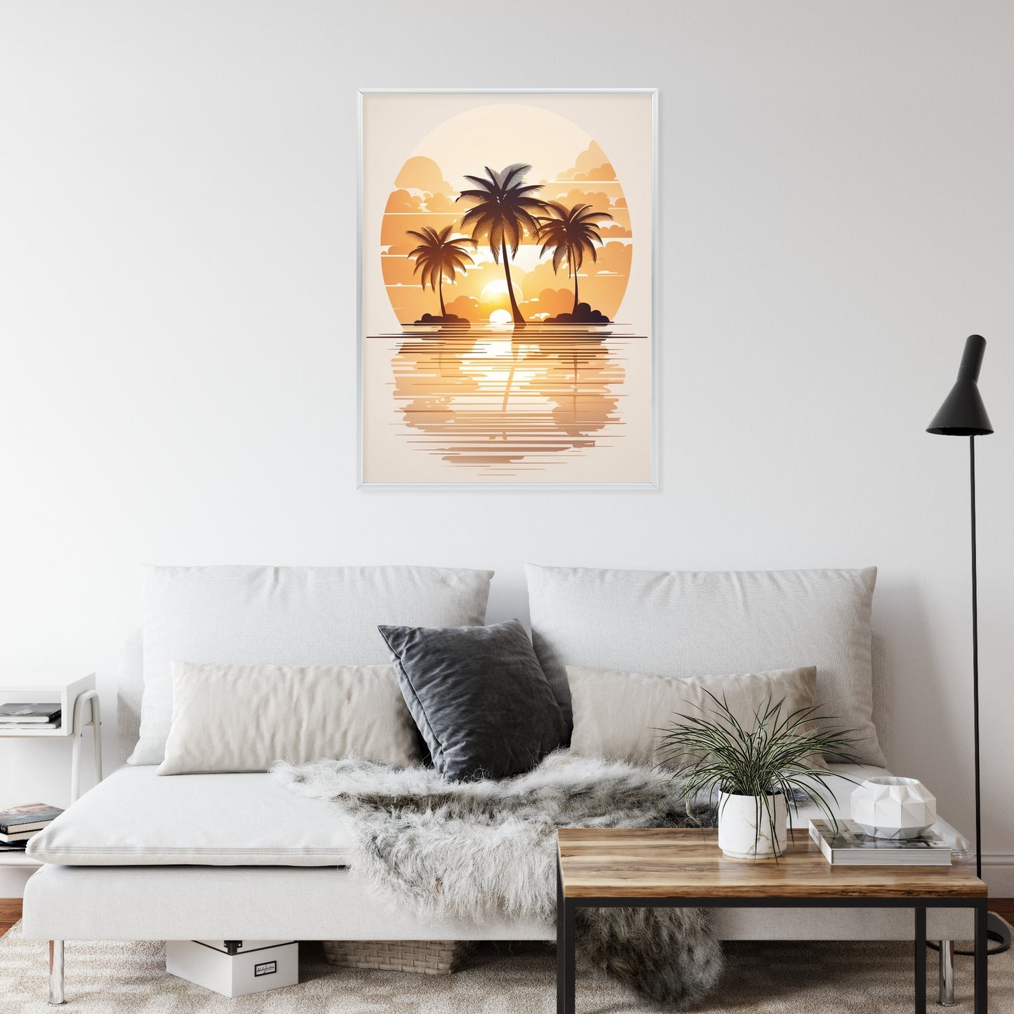 Poster Sonnenuntergang Und Drei Palmen Rahmen Holz Mit Passepartout Farbe Natürlich