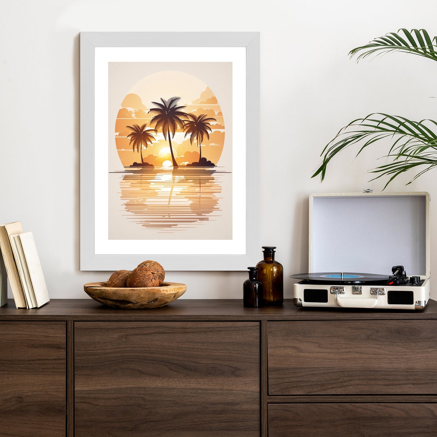 Poster Sonnenuntergang Und Drei Palmen Rahmen Holz Mit Passepartout Farbe Natürlich