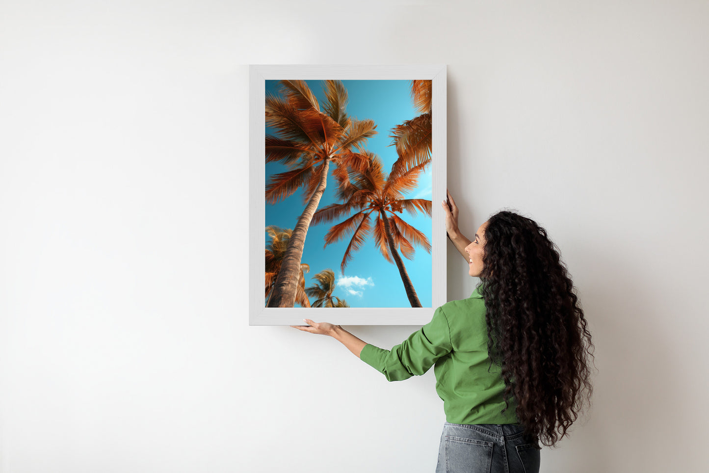 Poster Blauer Himmel Und Hohe Palmen Rahmen Holz Mit Passepartout Farbe Natürlich