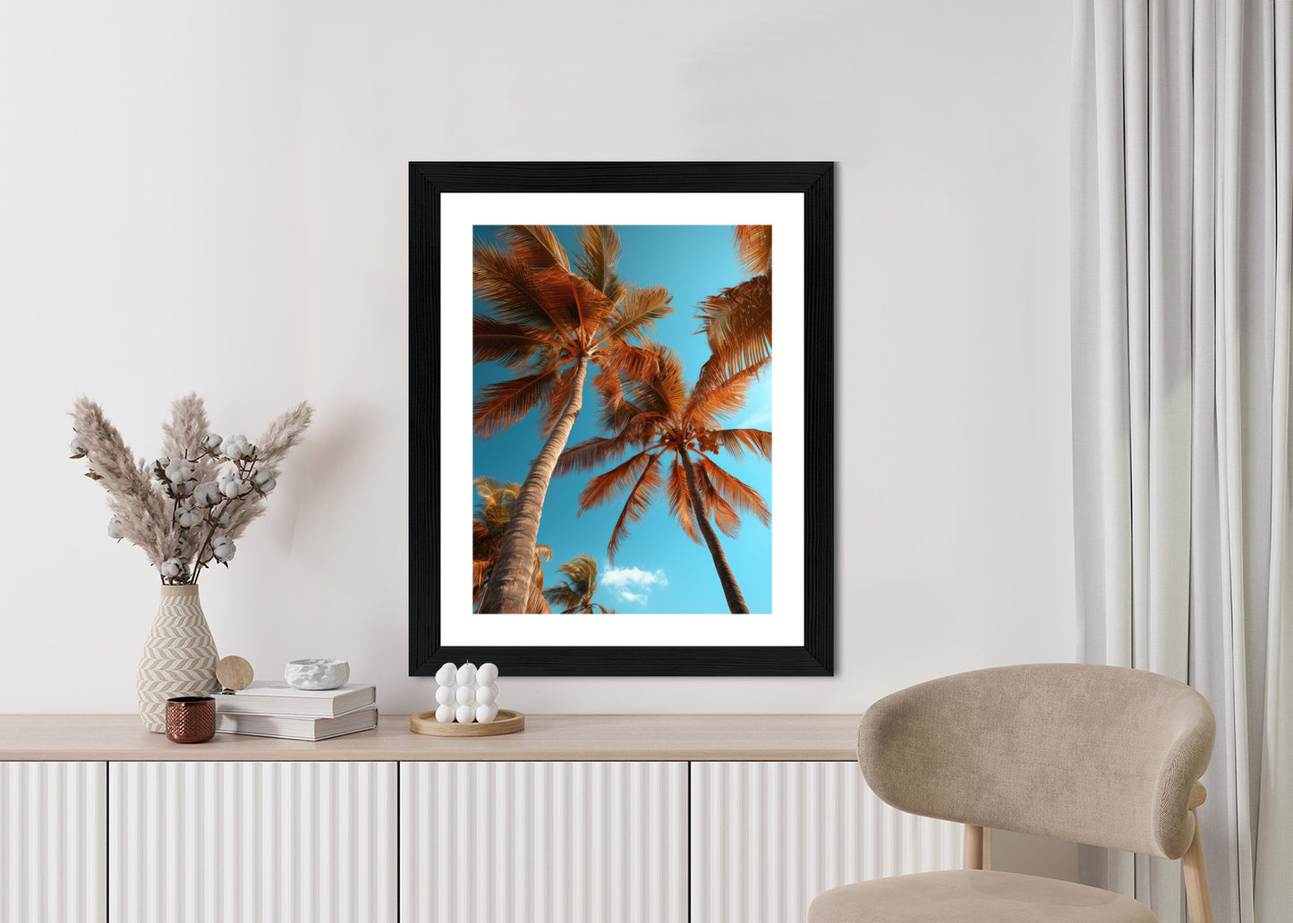 Poster Blauer Himmel Und Hohe Palmen Rahmen Holz Mit Passepartout Farbe Natürlich