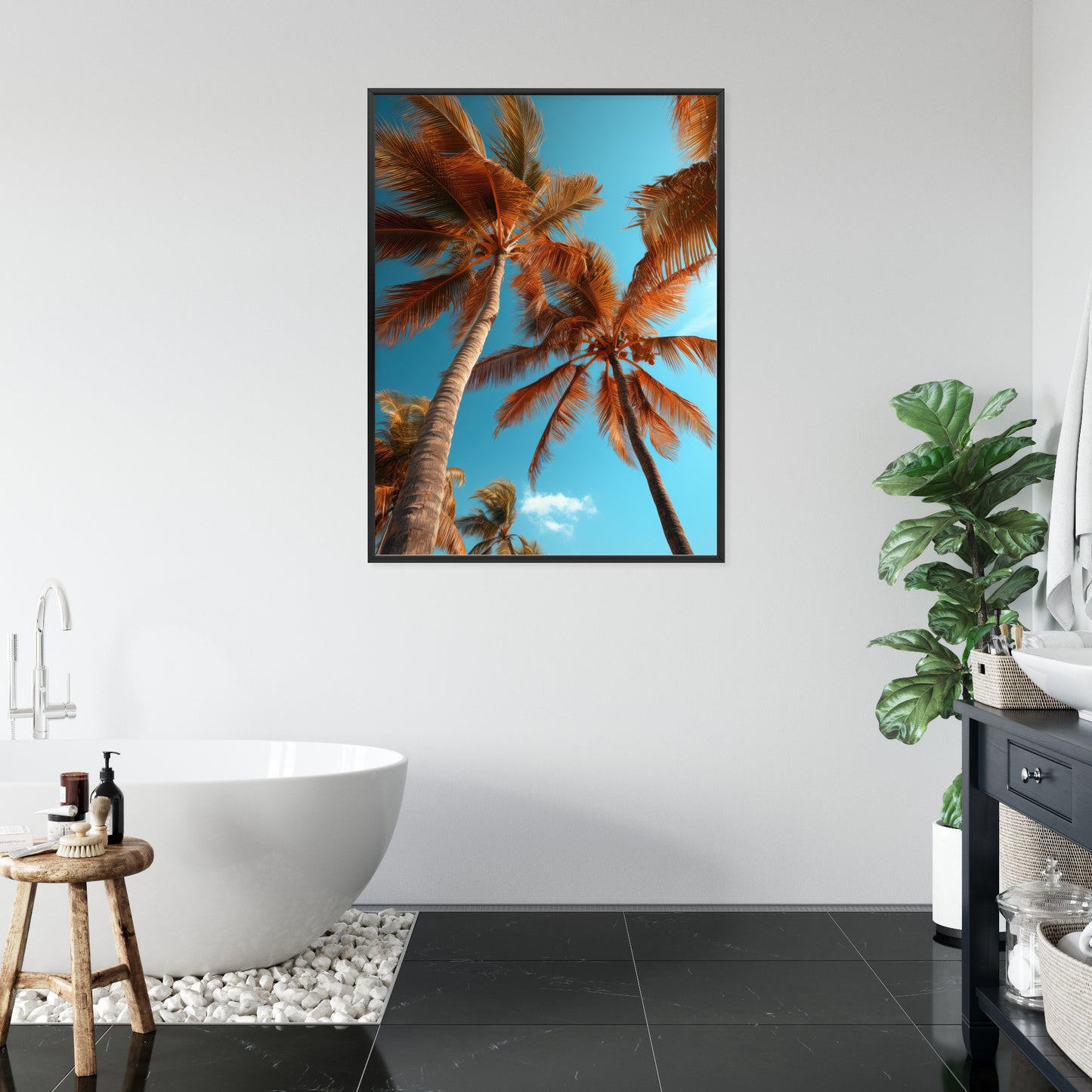 Poster Blauer Himmel Und Hohe Palmen Rahmen Holz Mit Passepartout Farbe Natürlich