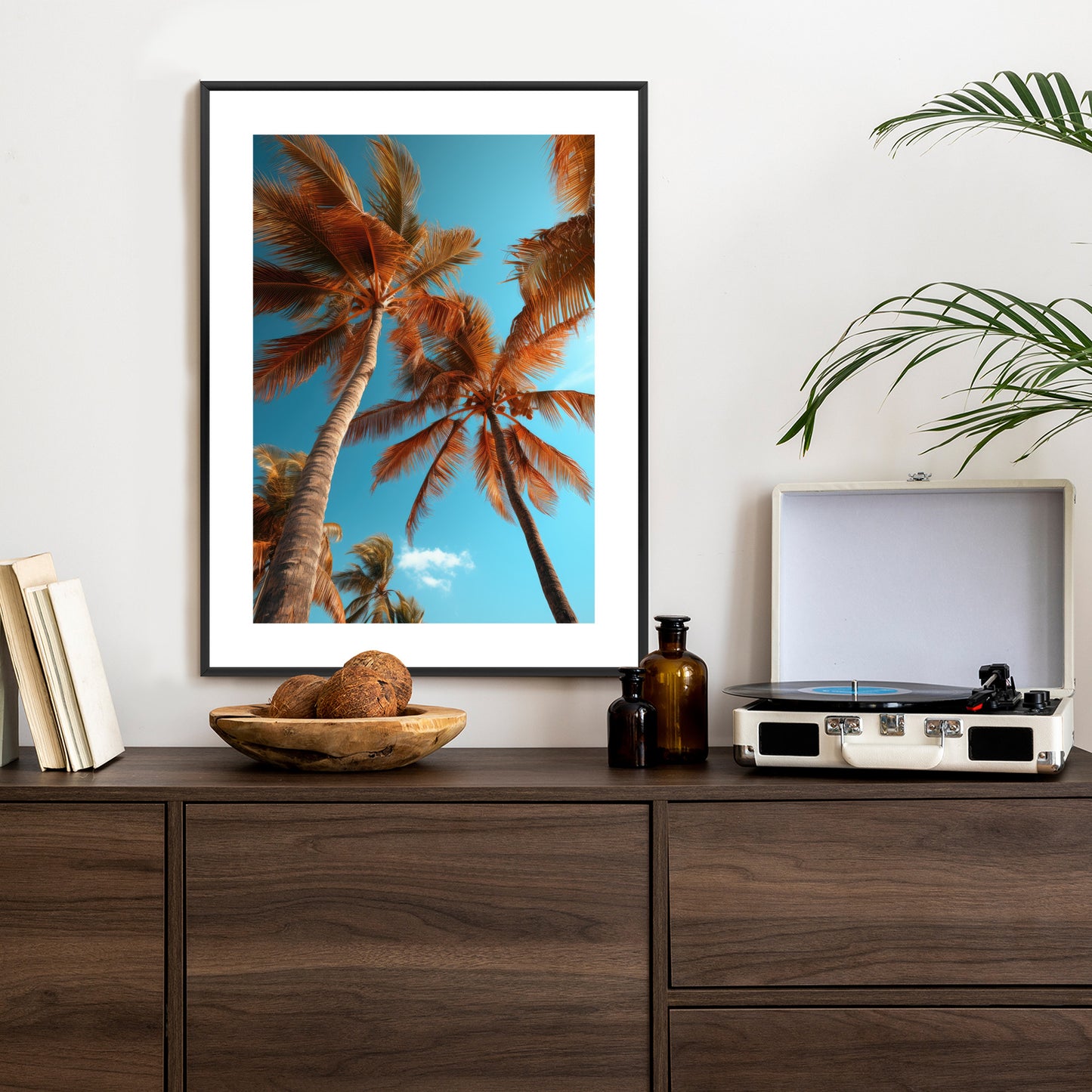 Poster Blauer Himmel Und Hohe Palmen Rahmen Holz Mit Passepartout Farbe Natürlich