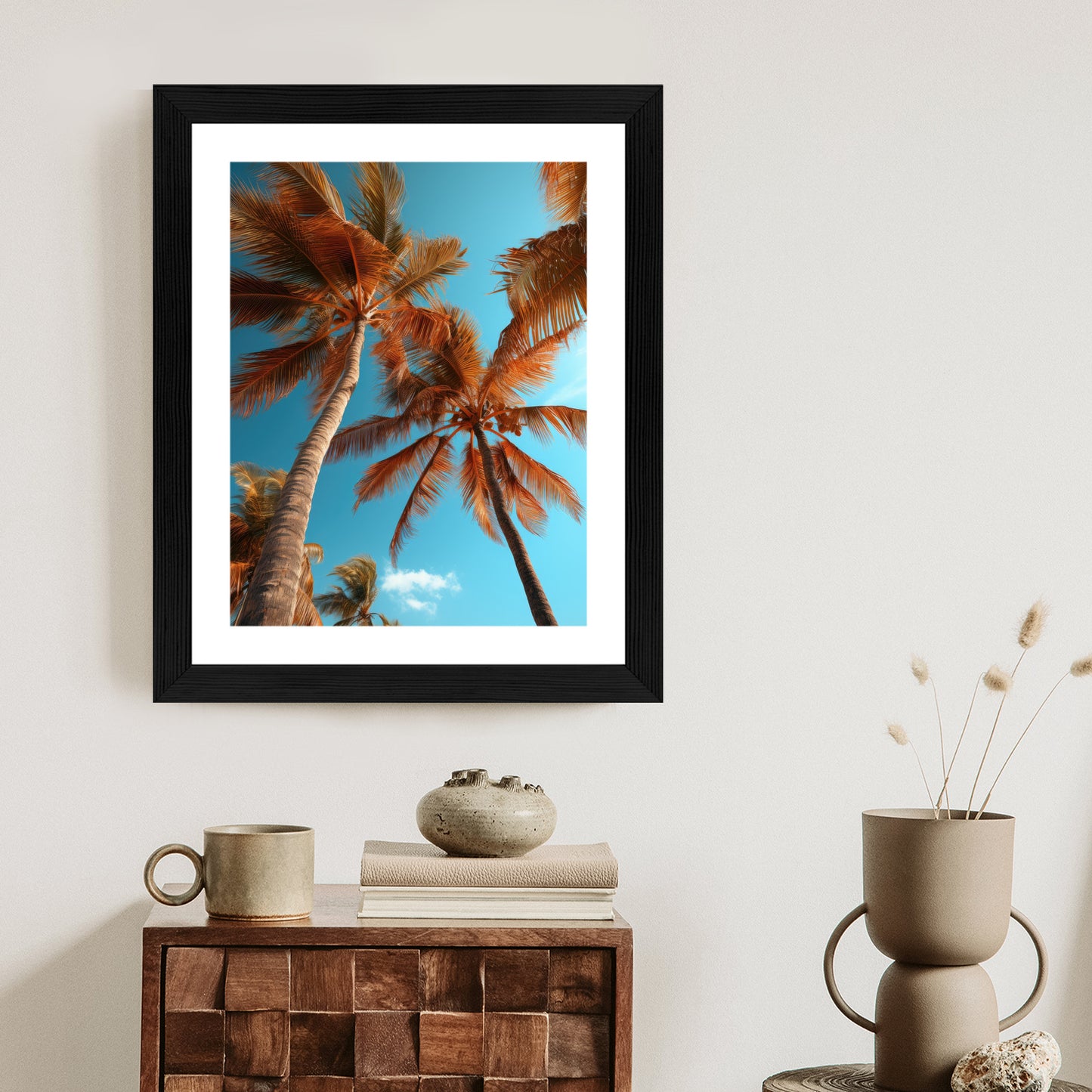 Poster Blauer Himmel Und Hohe Palmen Rahmen Holz Mit Passepartout Farbe Natürlich