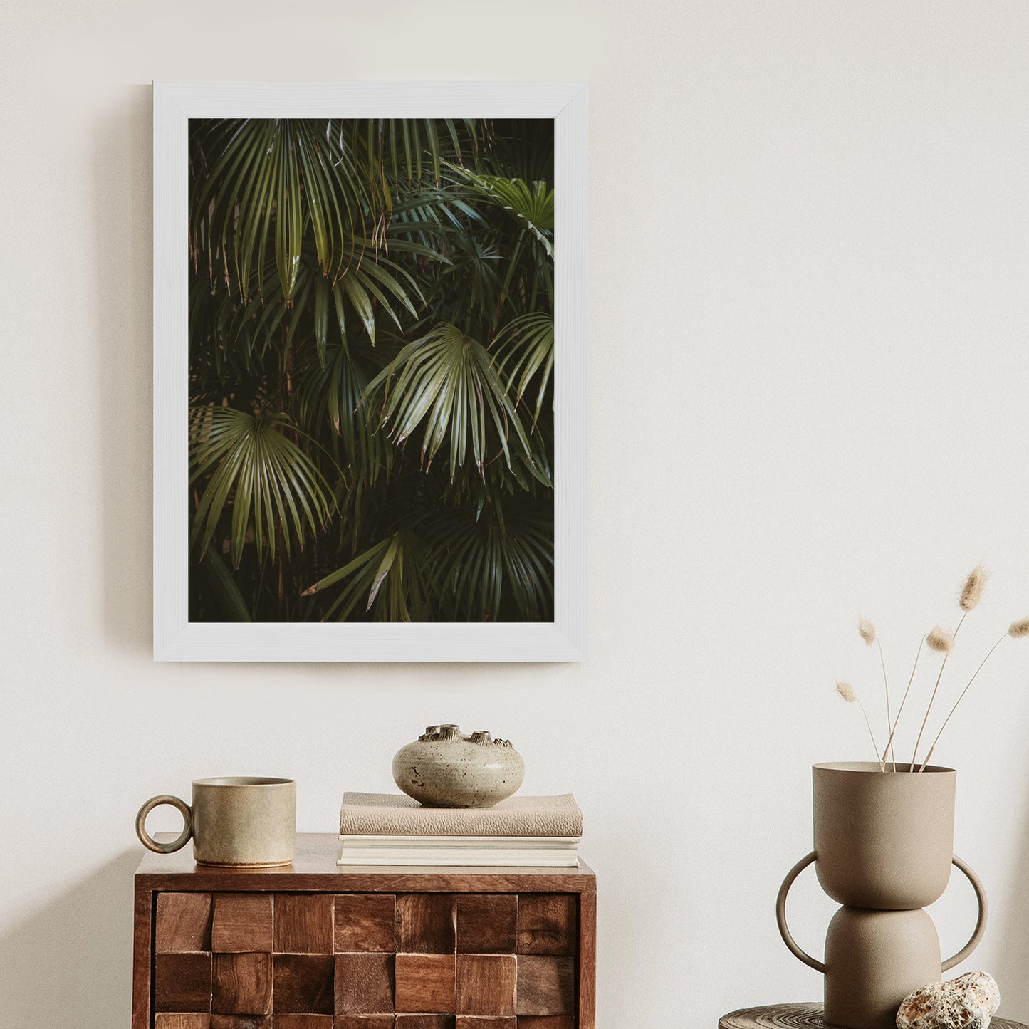 Poster Dunkelgrüne Palmblätter Rahmen Holz Mit Passepartout Farbe Natürlich