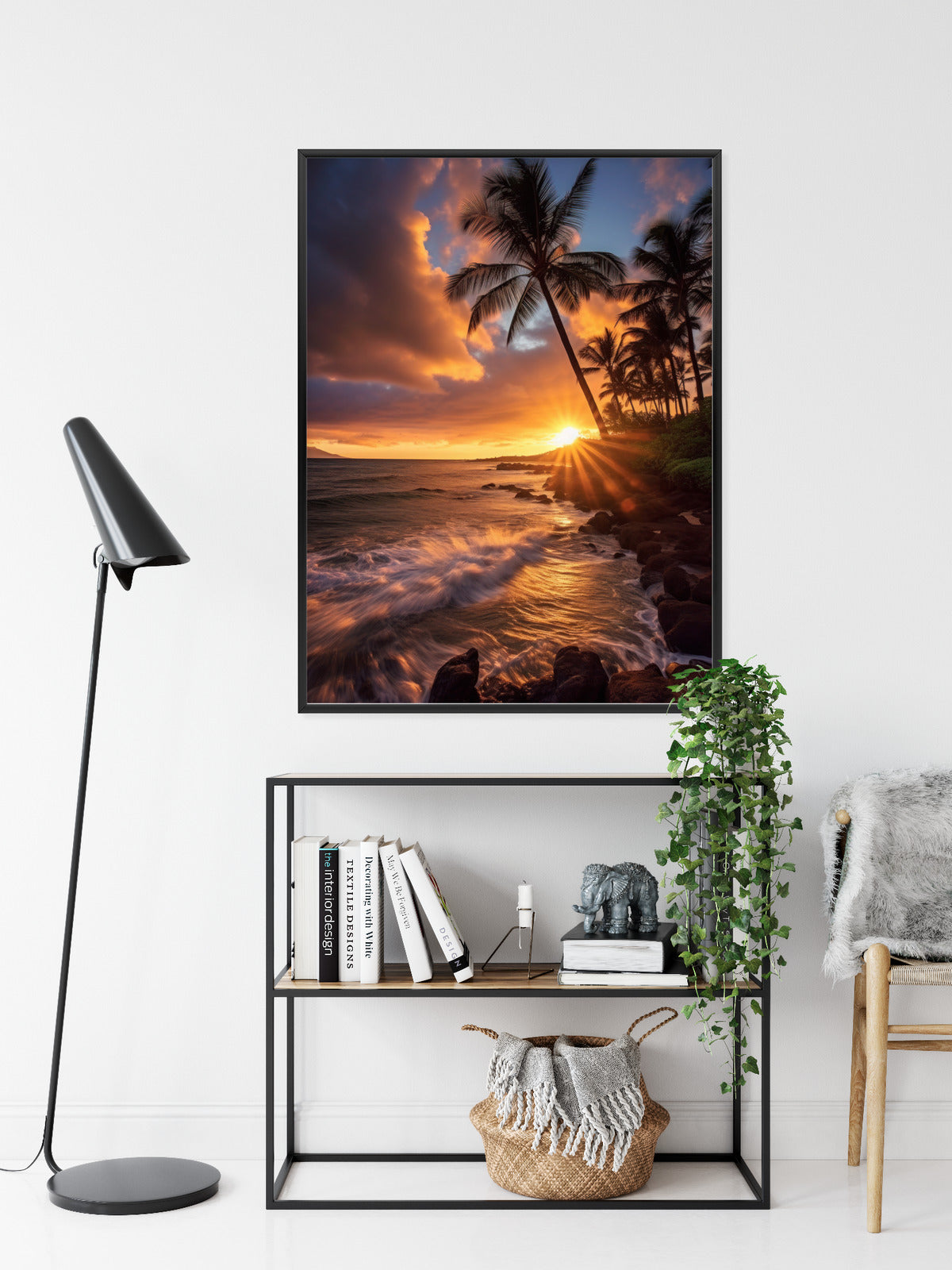 Poster Tropische Insel Mit Palmen Und Sonnenuntergang Rahmen Holz Mit Passepartout Farbe Natürlich