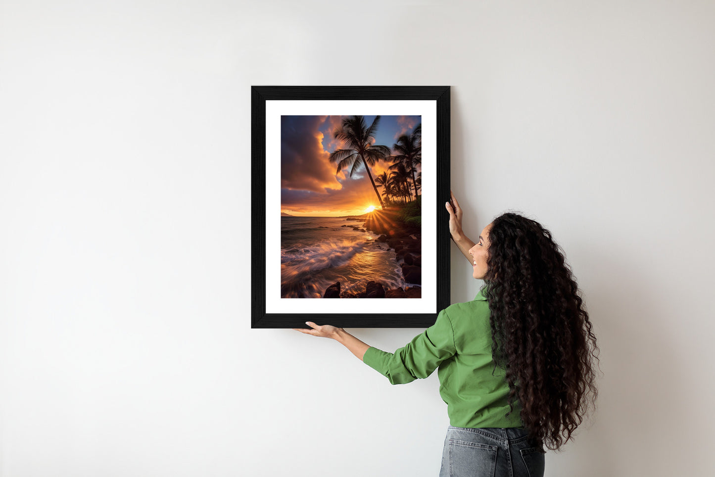 Poster Tropische Insel Mit Palmen Und Sonnenuntergang Rahmen Holz Mit Passepartout Farbe Natürlich