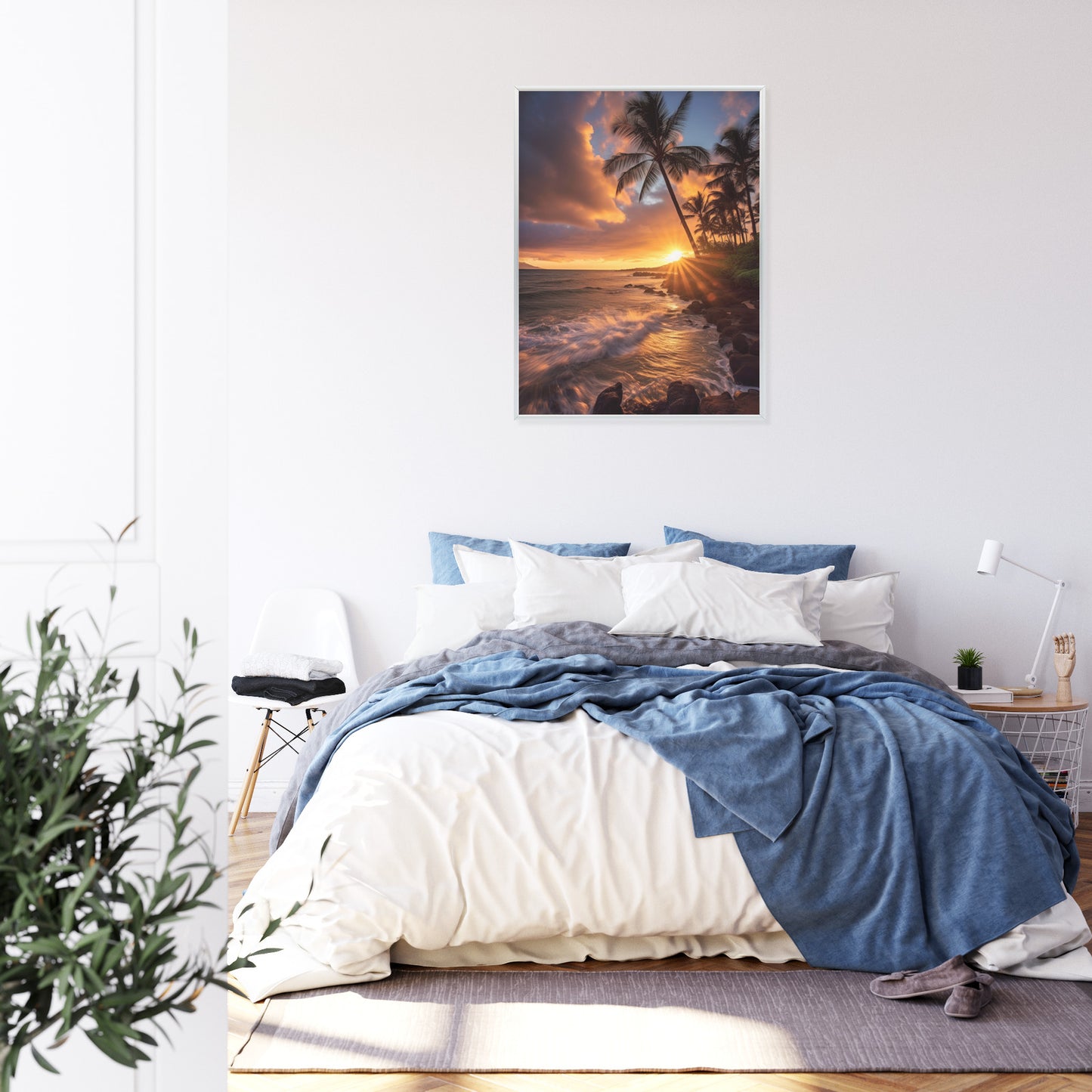 Poster Tropische Insel Mit Palmen Und Sonnenuntergang Rahmen Holz Mit Passepartout Farbe Natürlich