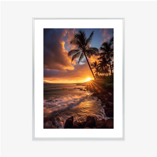 Poster Tropische Insel Mit Palmen Und Sonnenuntergang Rahmen Holz Mit Passepartout Farbe Natürlich
