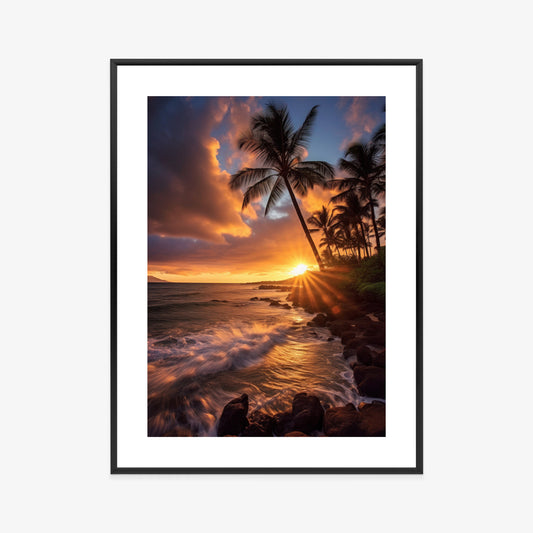Poster Tropische Insel Mit Palmen Und Sonnenuntergang Rahmen Holz Mit Passepartout Farbe Natürlich