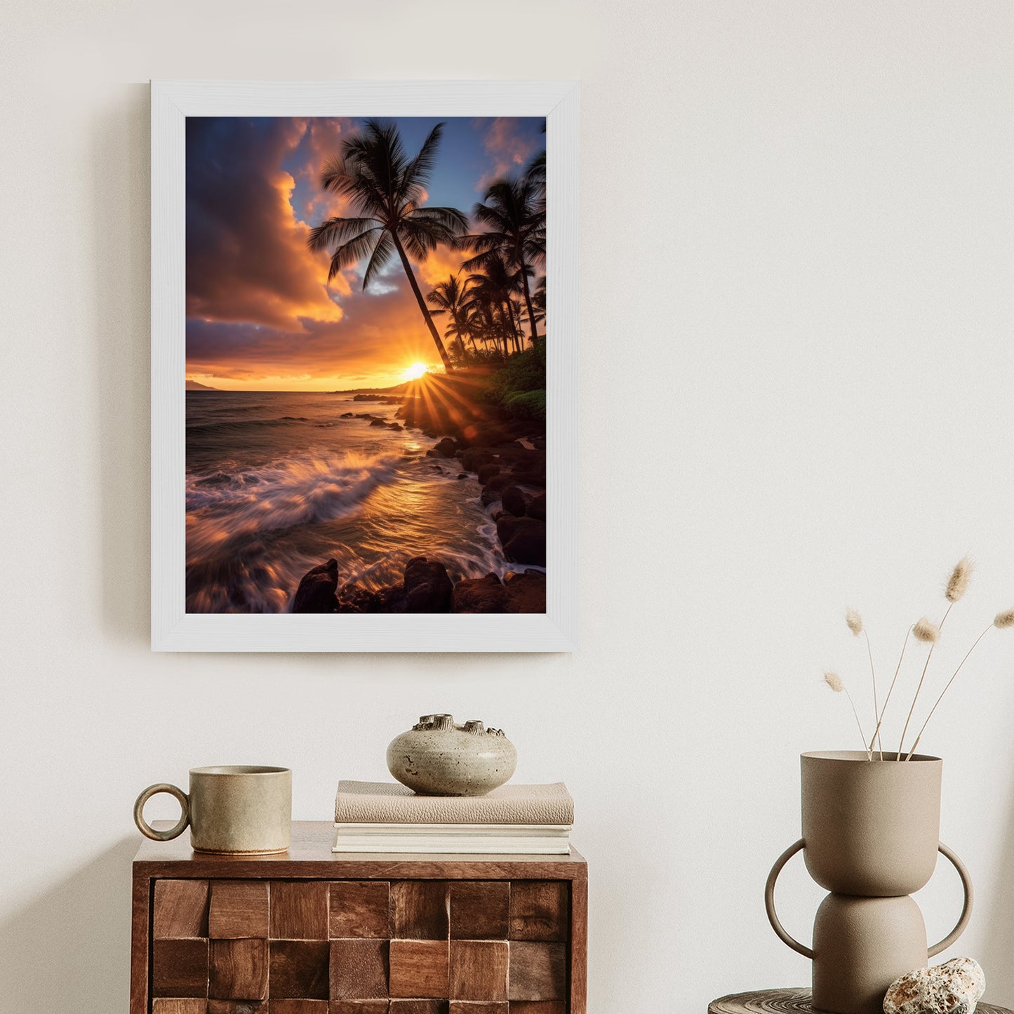 Poster Tropische Insel Mit Palmen Und Sonnenuntergang Rahmen Holz Mit Passepartout Farbe Natürlich