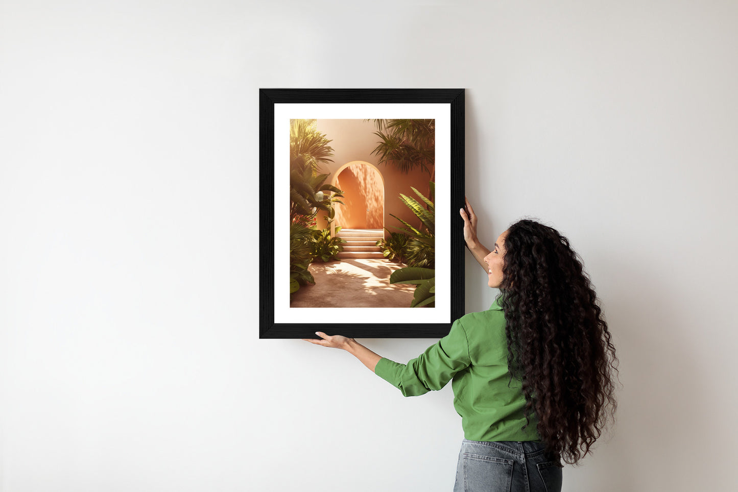 Poster Mexikanische Tür, Treppen Und Palmen Rahmen Holz Mit Passepartout Farbe Natürlich