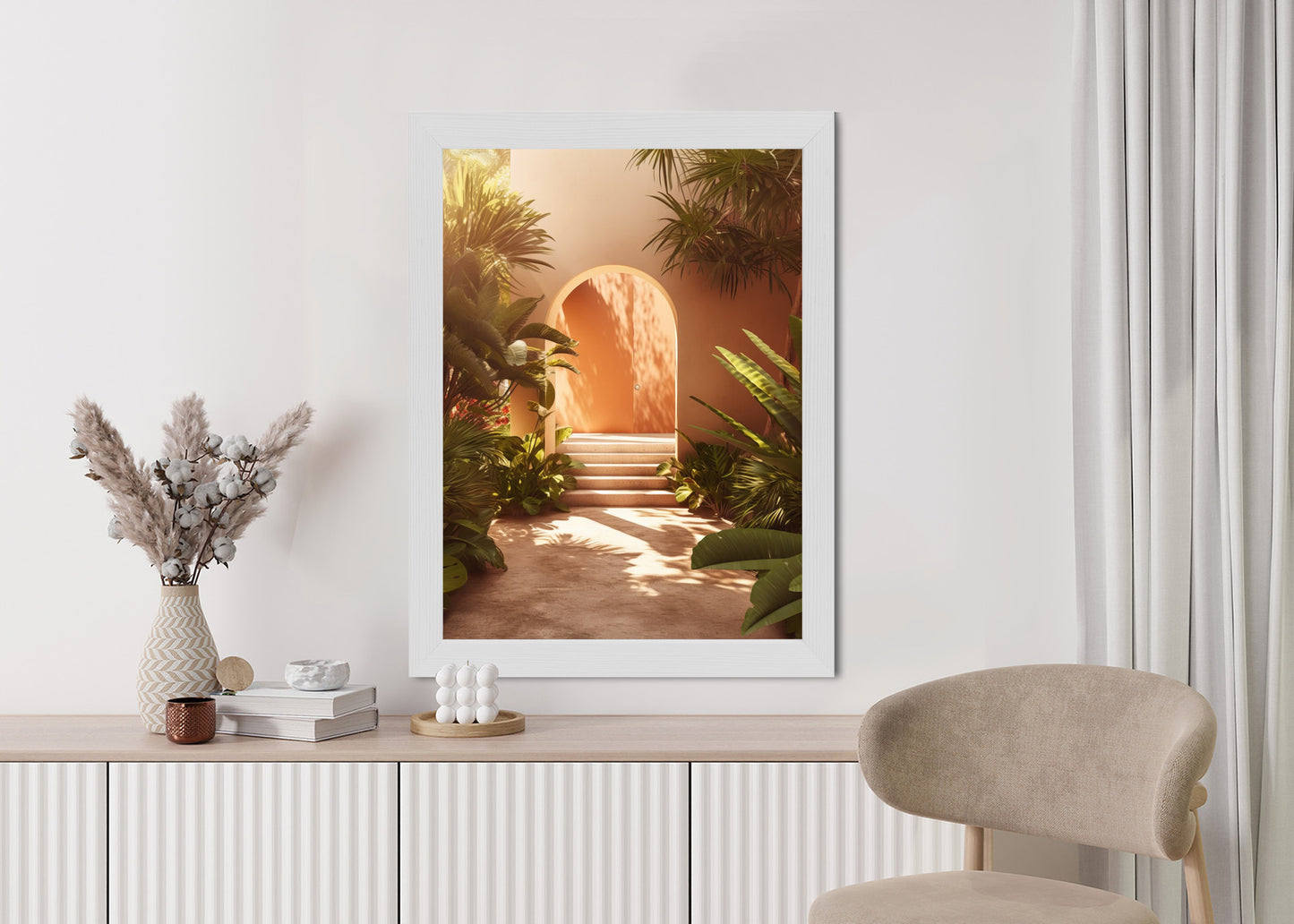 Poster Mexikanische Tür, Treppen Und Palmen Rahmen Holz Mit Passepartout Farbe Natürlich