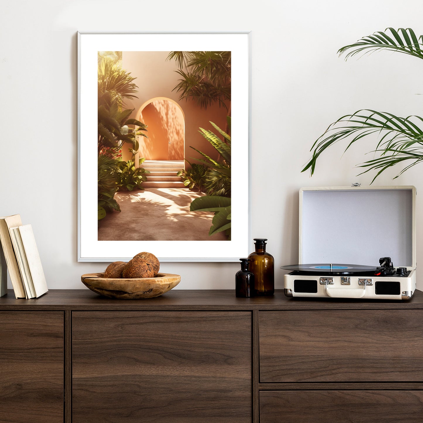 Poster Mexikanische Tür, Treppen Und Palmen Rahmen Holz Mit Passepartout Farbe Natürlich