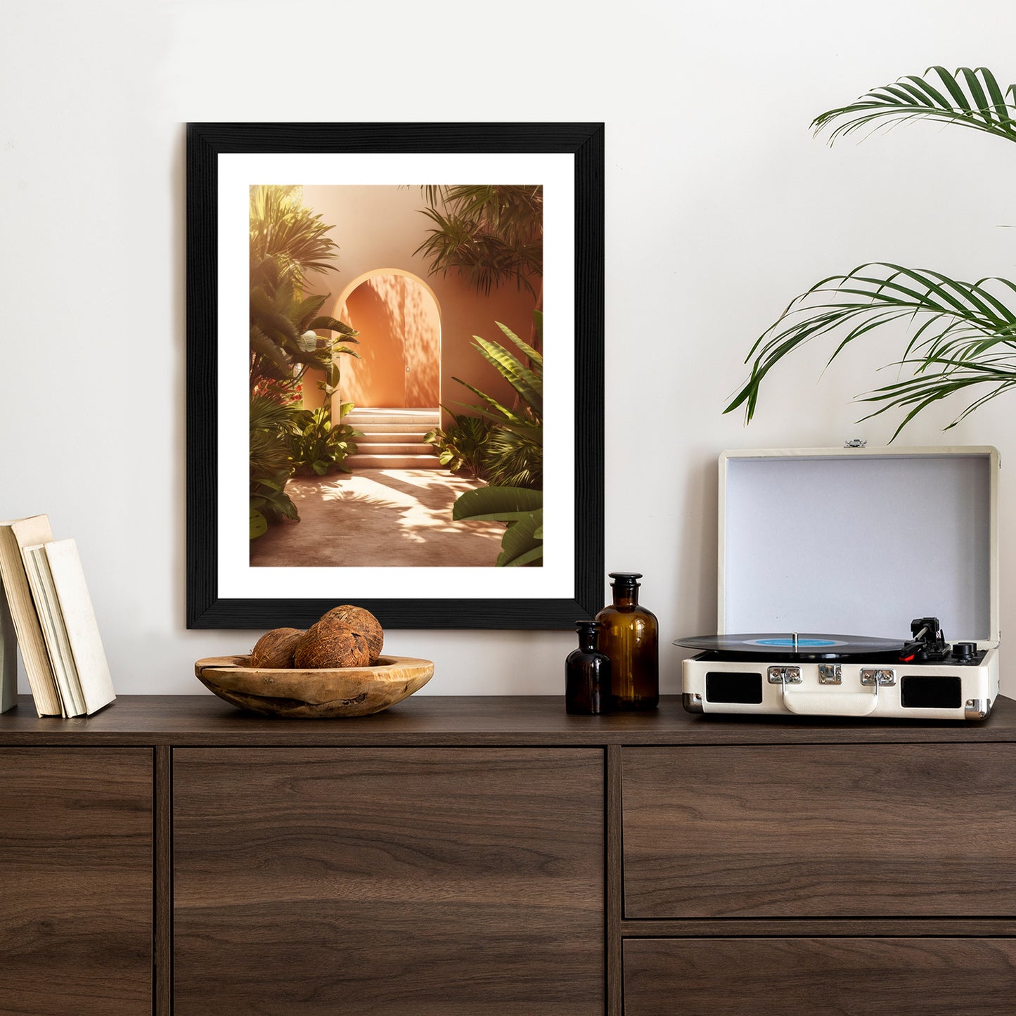 Poster Mexikanische Tür, Treppen Und Palmen Rahmen Holz Mit Passepartout Farbe Natürlich