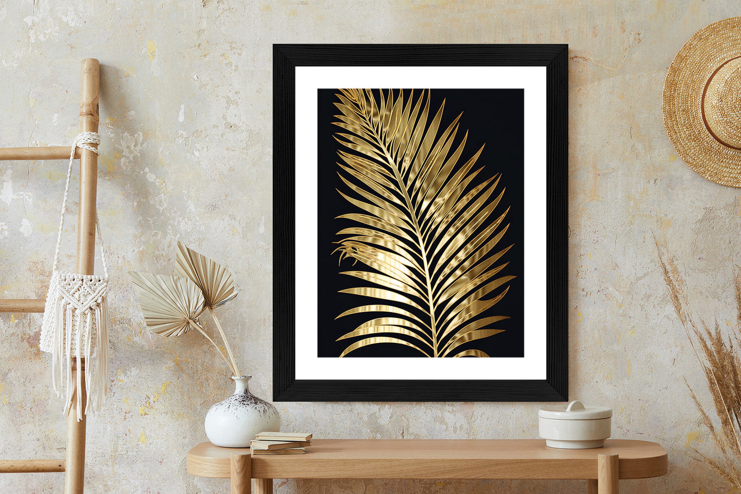 Poster Goldenes Einzelnes Palmenblatt Rahmen Holz Mit Passepartout Farbe Natürlich