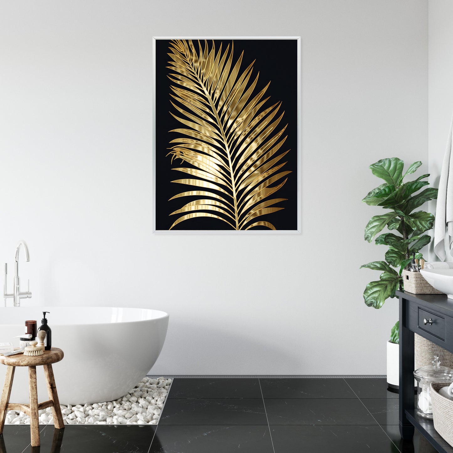 Poster Goldenes Einzelnes Palmenblatt Rahmen Holz Mit Passepartout Farbe Natürlich