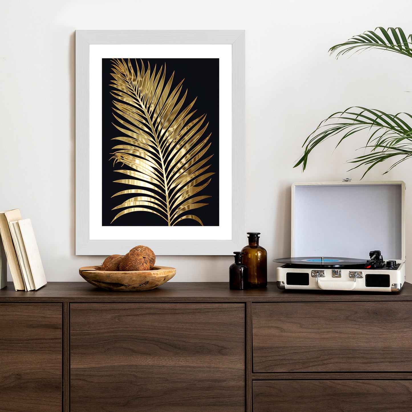 Poster Goldenes Einzelnes Palmenblatt Rahmen Holz Mit Passepartout Farbe Natürlich
