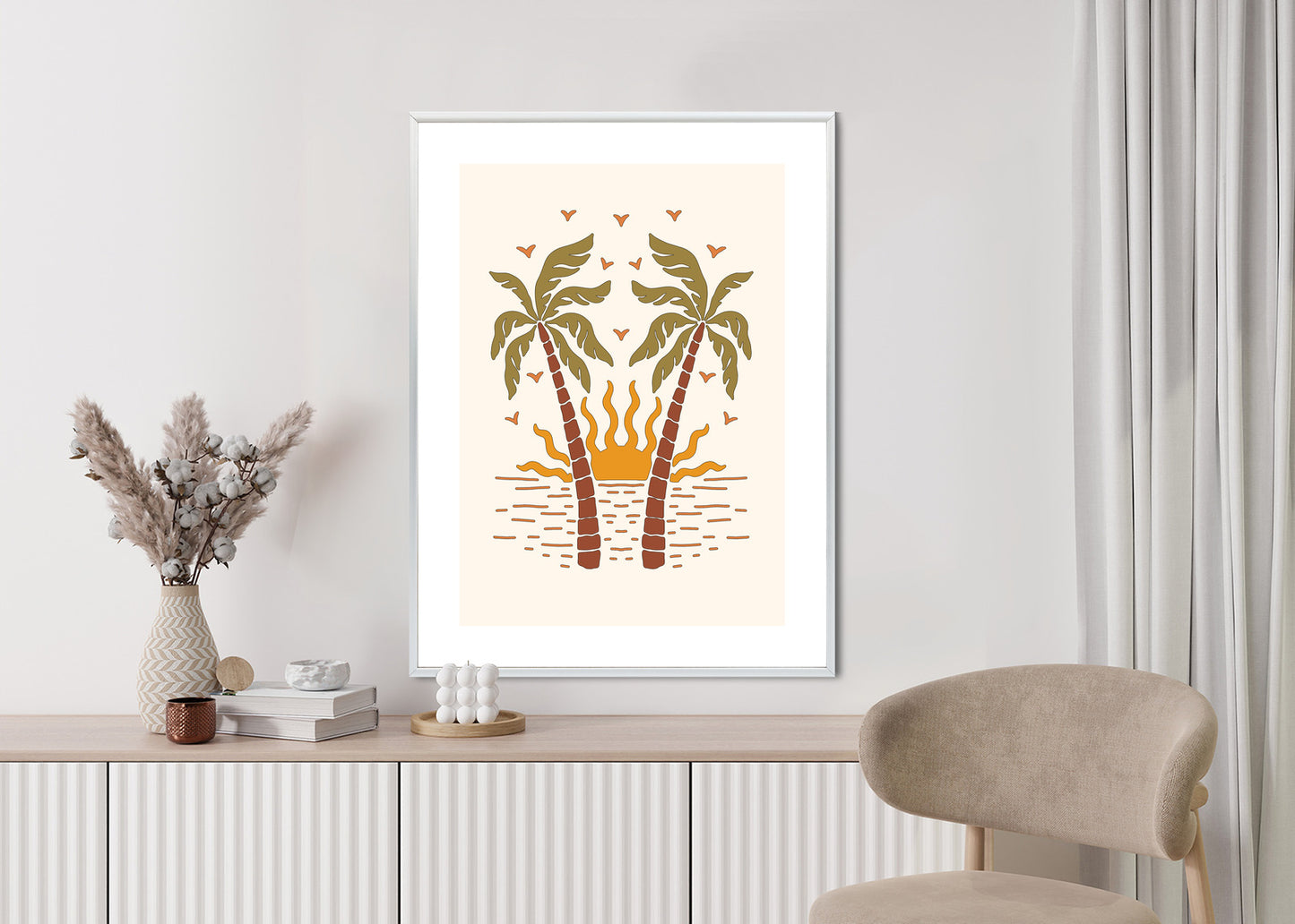 Poster Rerto-Palmen Und Die Untergehende Sonne Rahmen Hölzern Farbe Schwarz