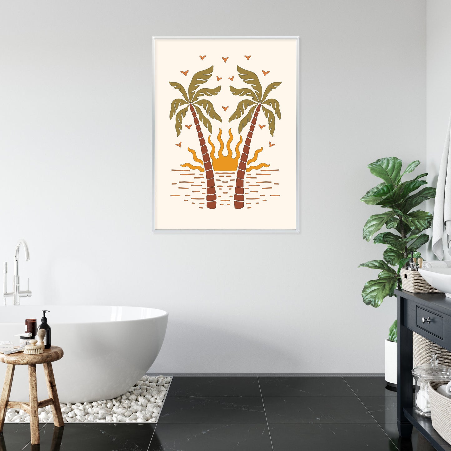 Poster Rerto-Palmen Und Die Untergehende Sonne Rahmen Hölzern Farbe Schwarz