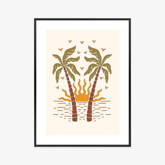 Poster Rerto-Palmen Und Die Untergehende Sonne Rahmen Hölzern Farbe Schwarz