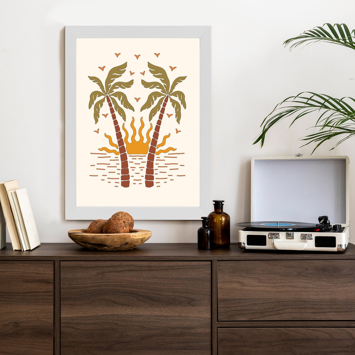 Poster Rerto-Palmen Und Die Untergehende Sonne Rahmen Hölzern Farbe Schwarz