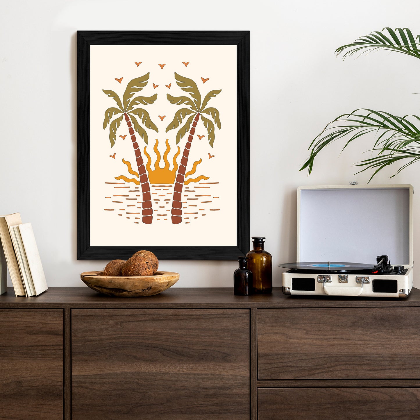 Poster Rerto-Palmen Und Die Untergehende Sonne Rahmen Hölzern Farbe Schwarz