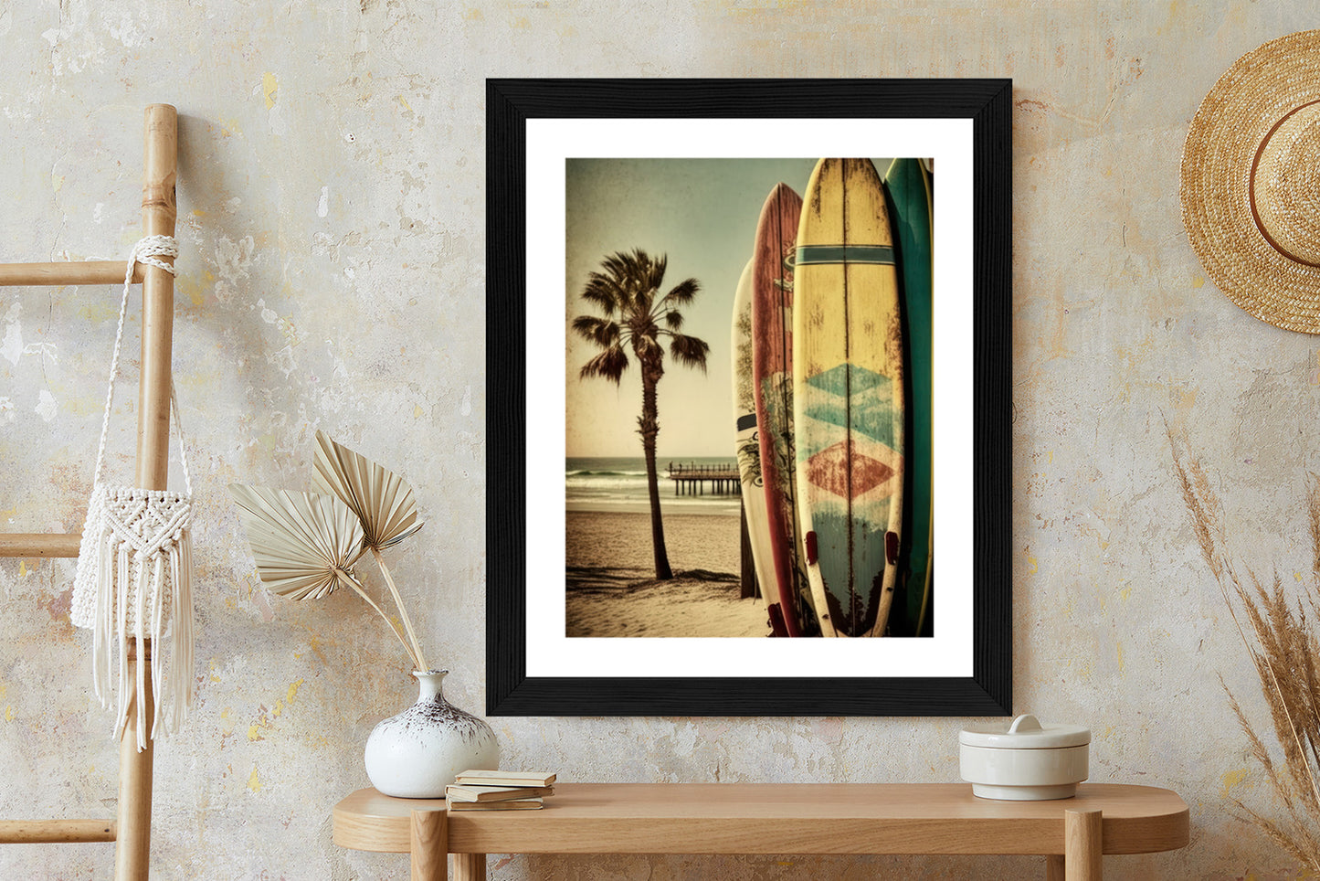 Poster Flecken Und Surfbretter In Vintage-Tönen Rahmen Holz Mit Passepartout Farbe Natürlich