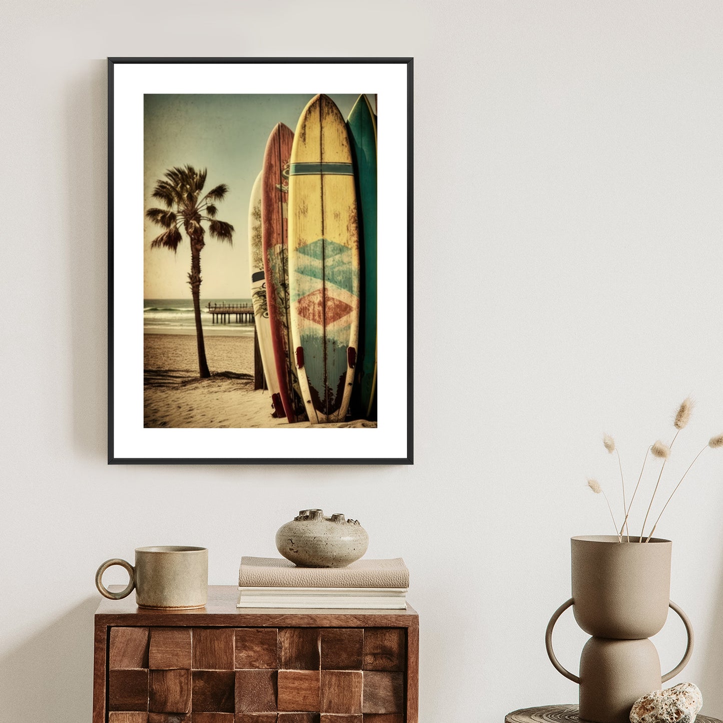 Poster Flecken Und Surfbretter In Vintage-Tönen Rahmen Holz Mit Passepartout Farbe Natürlich