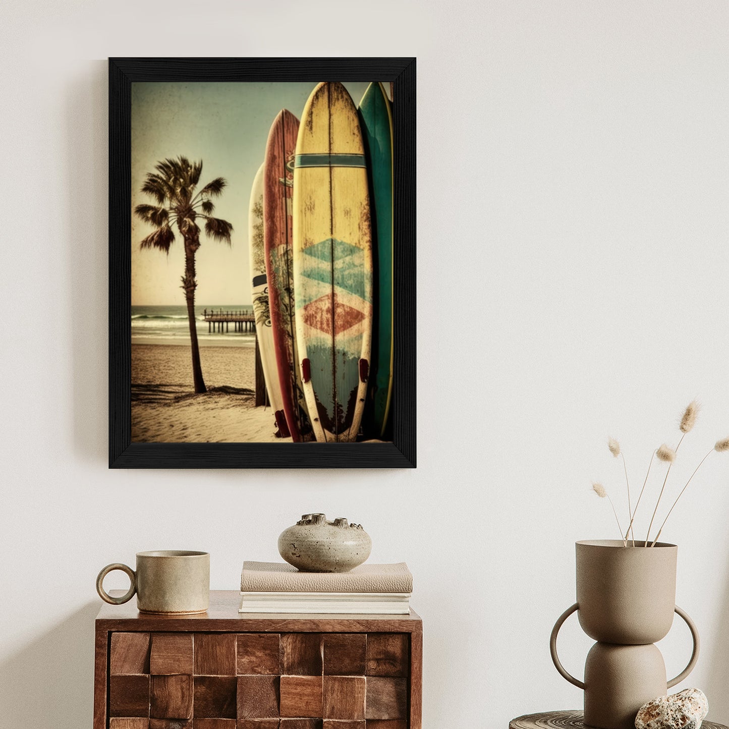 Poster Flecken Und Surfbretter In Vintage-Tönen Rahmen Holz Mit Passepartout Farbe Natürlich