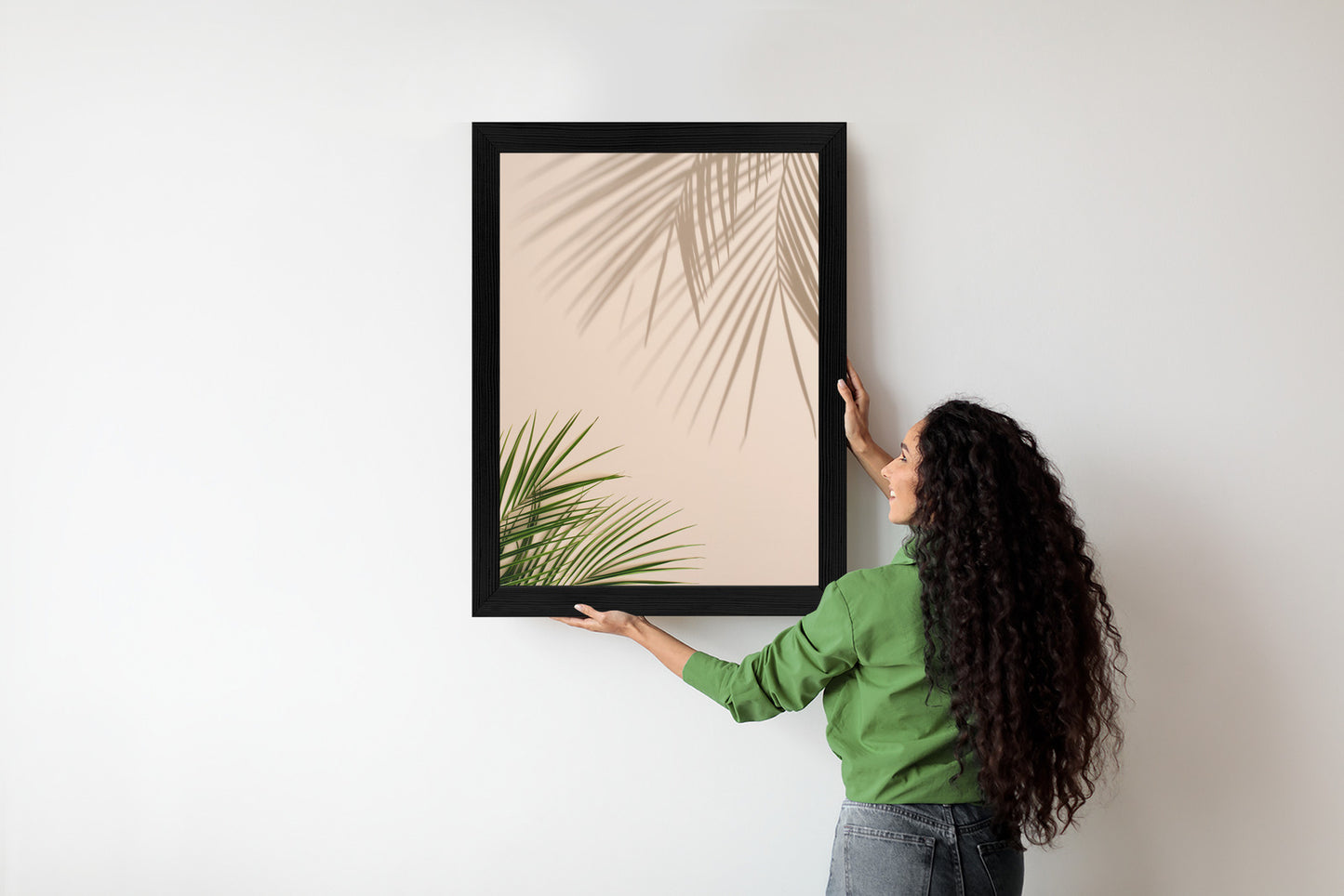 Poster Sommer Natürliche Grüne Palmblätter Und Schatten Rahmen Aluminium Farbe Schwarz