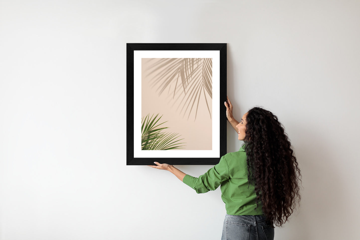 Poster Sommer Natürliche Grüne Palmblätter Und Schatten Rahmen Aluminium Farbe Schwarz