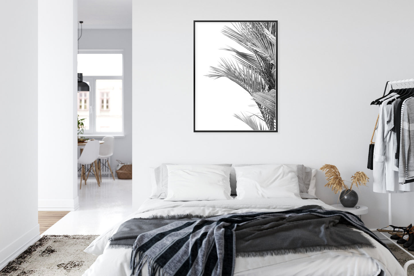 Poster Schwarze Und Weiße Palmblätter Rahmen Holz Mit Passepartout Farbe Natürlich