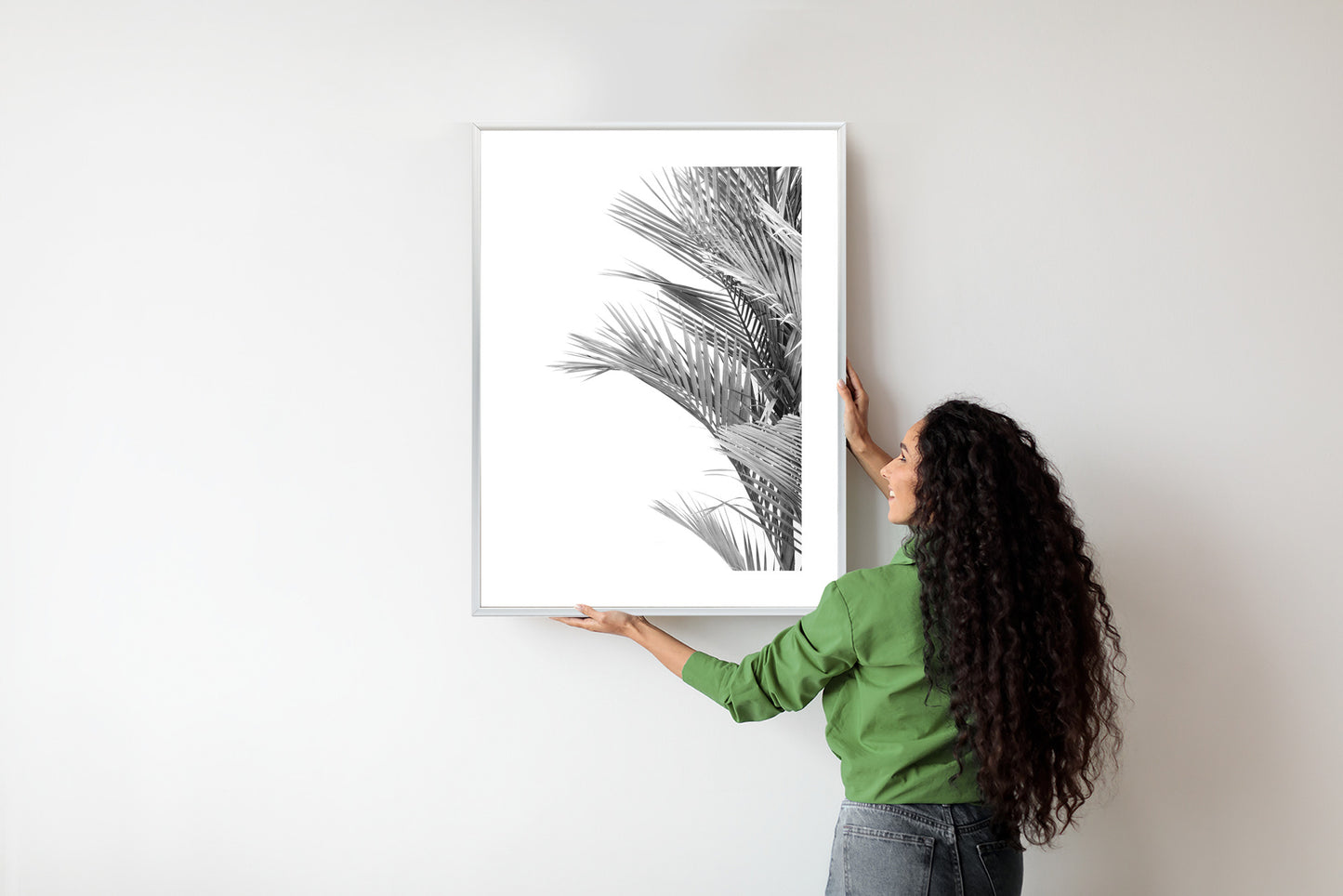 Poster Schwarze Und Weiße Palmblätter Rahmen Holz Mit Passepartout Farbe Natürlich