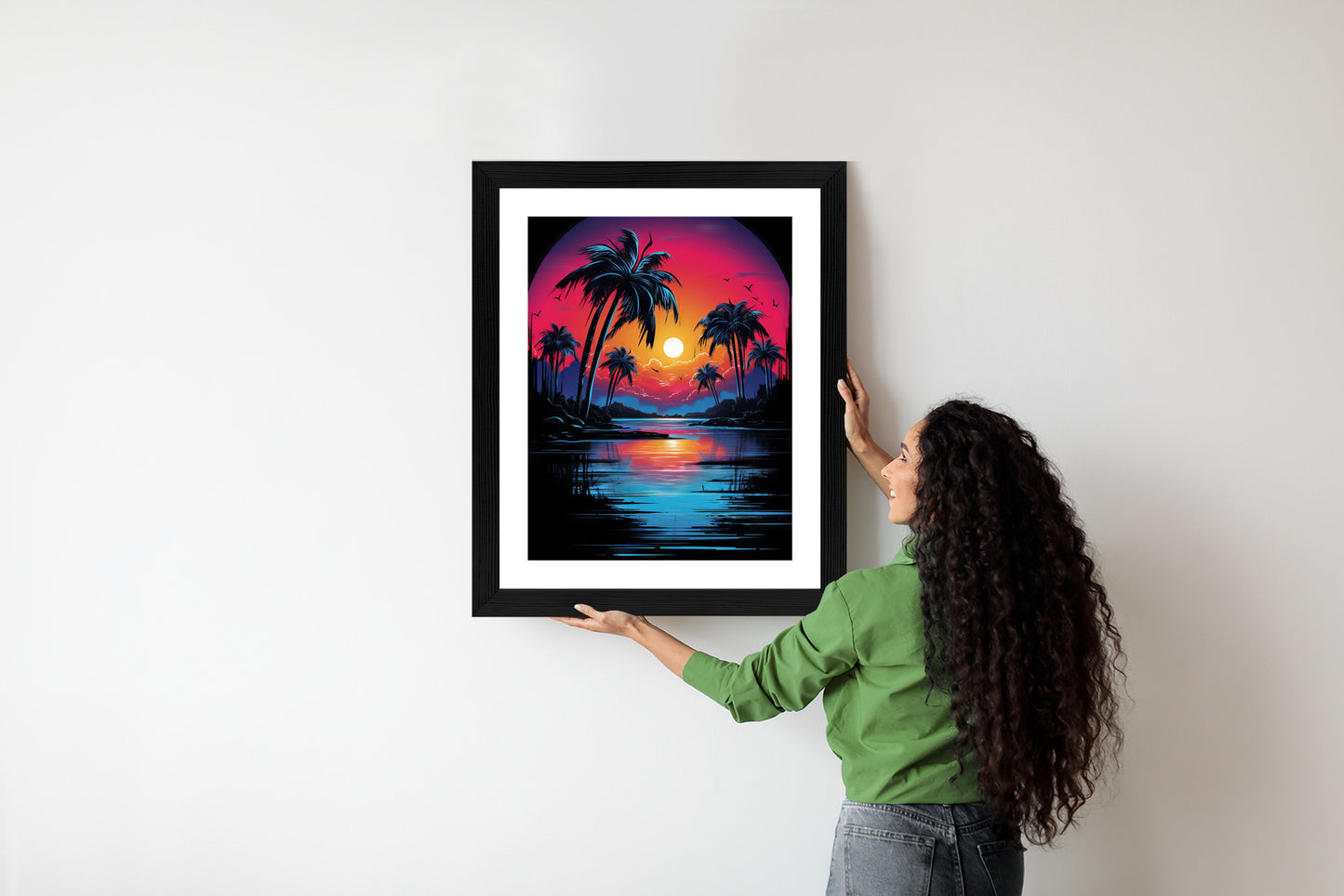 Poster Tropischer Sonnenuntergang Und Palmen Rahmen Holz Mit Passepartout Farbe Natürlich