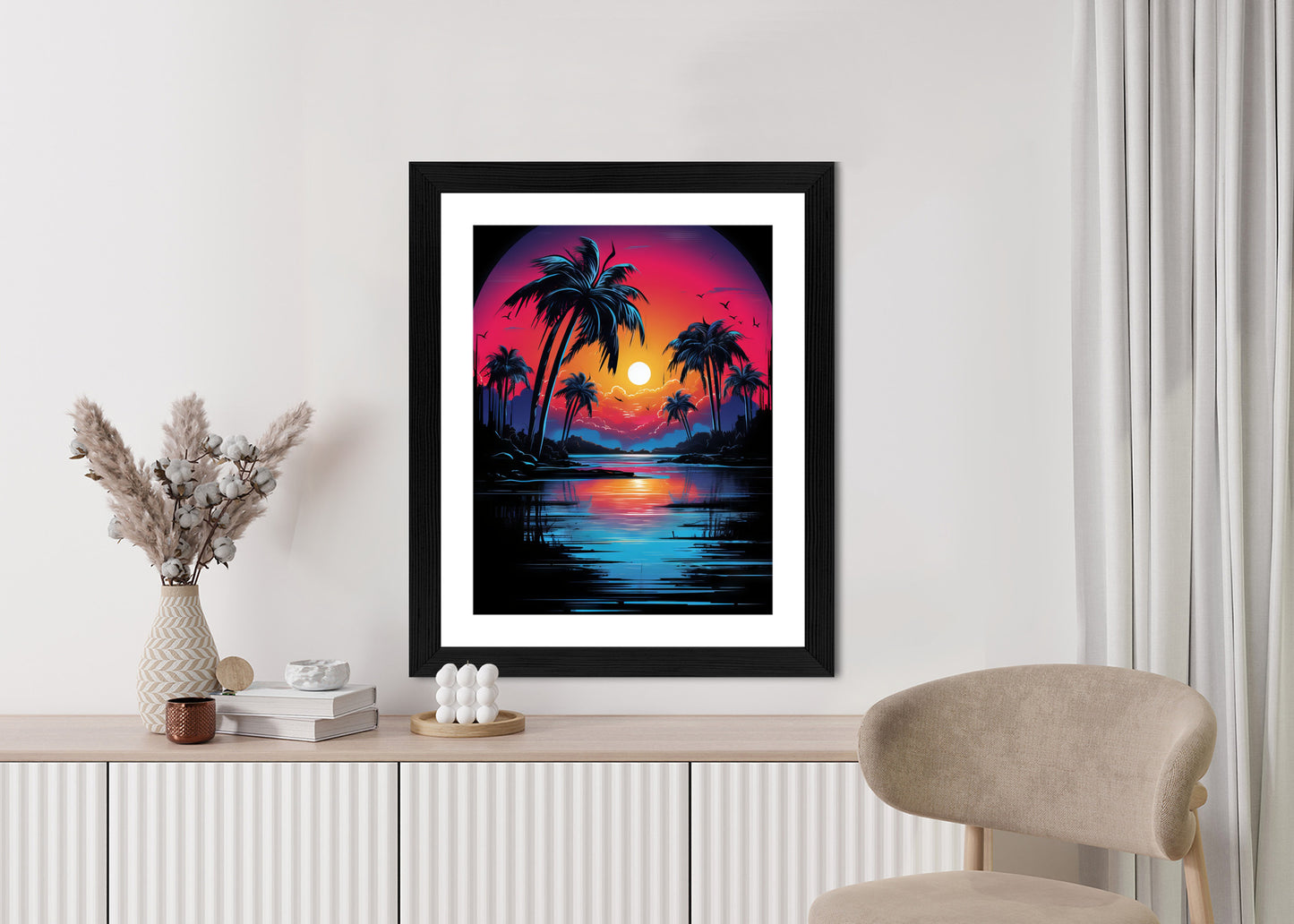 Poster Tropischer Sonnenuntergang Und Palmen Rahmen Holz Mit Passepartout Farbe Natürlich