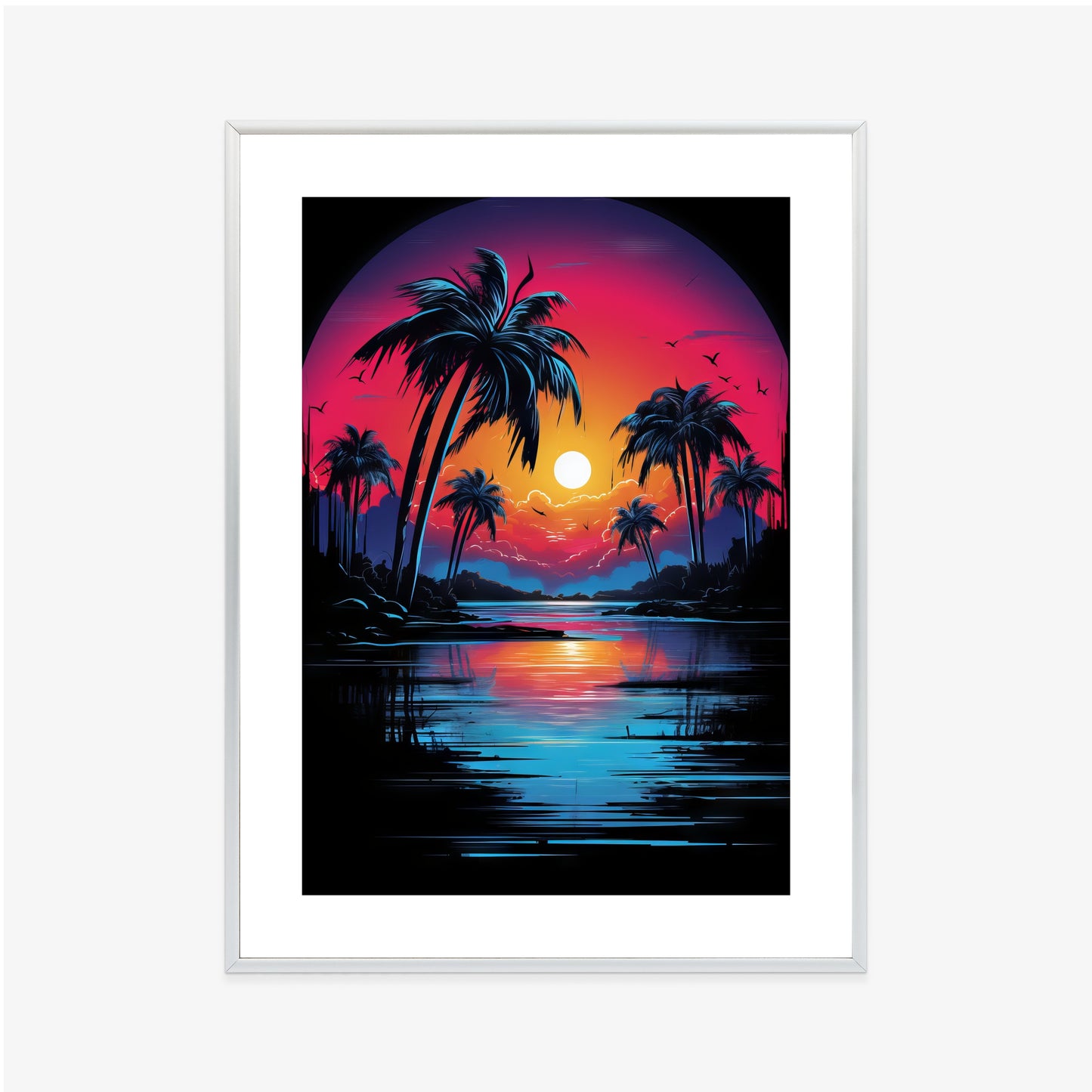Poster Tropischer Sonnenuntergang Und Palmen Rahmen Holz Mit Passepartout Farbe Natürlich