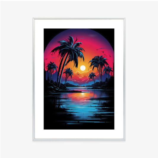 Poster Tropischer Sonnenuntergang Und Palmen Rahmen Holz Mit Passepartout Farbe Natürlich