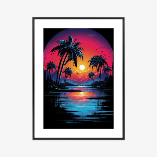 Poster Tropischer Sonnenuntergang Und Palmen Rahmen Holz Mit Passepartout Farbe Natürlich