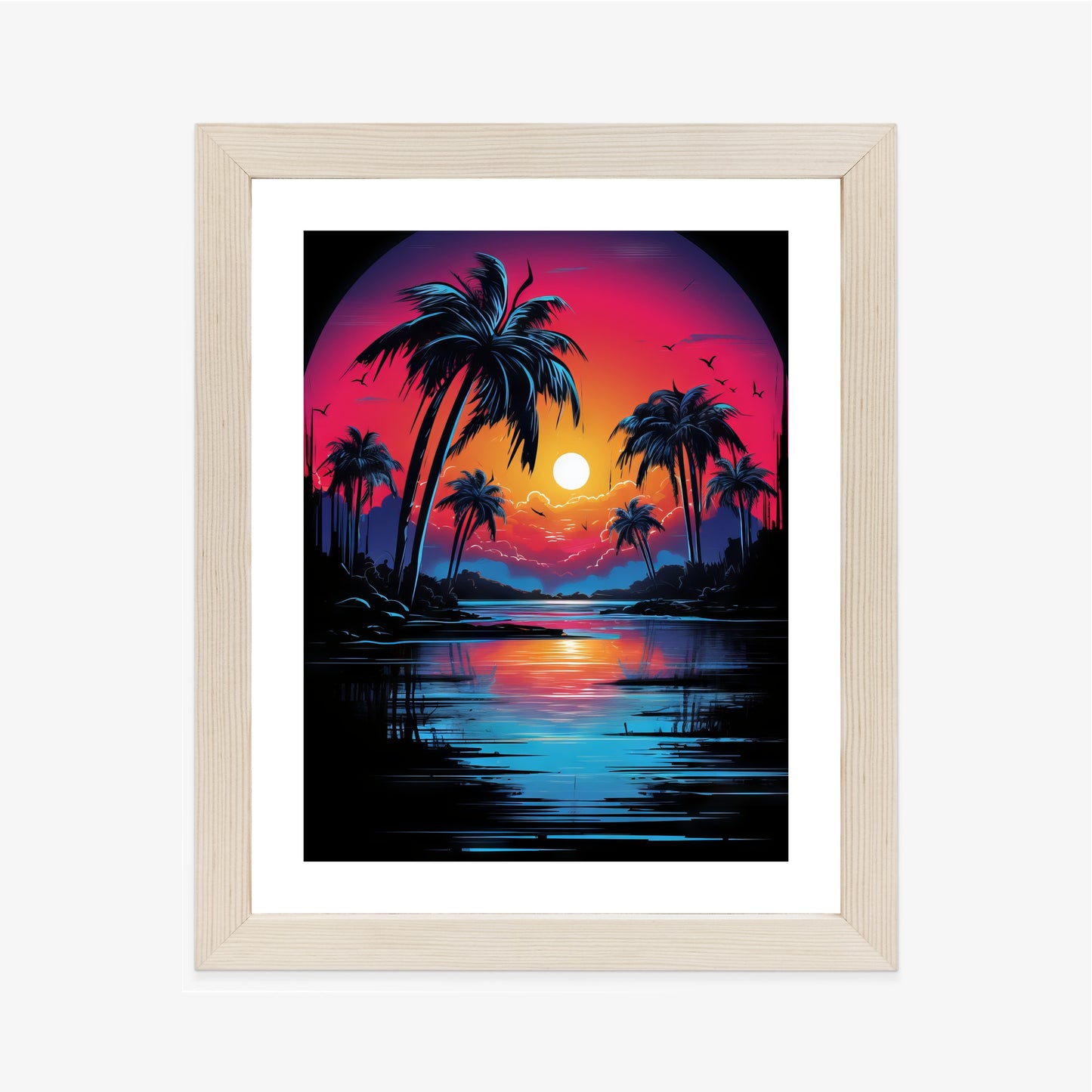 Poster Tropischer Sonnenuntergang Und Palmen Rahmen Holz Mit Passepartout Farbe Natürlich