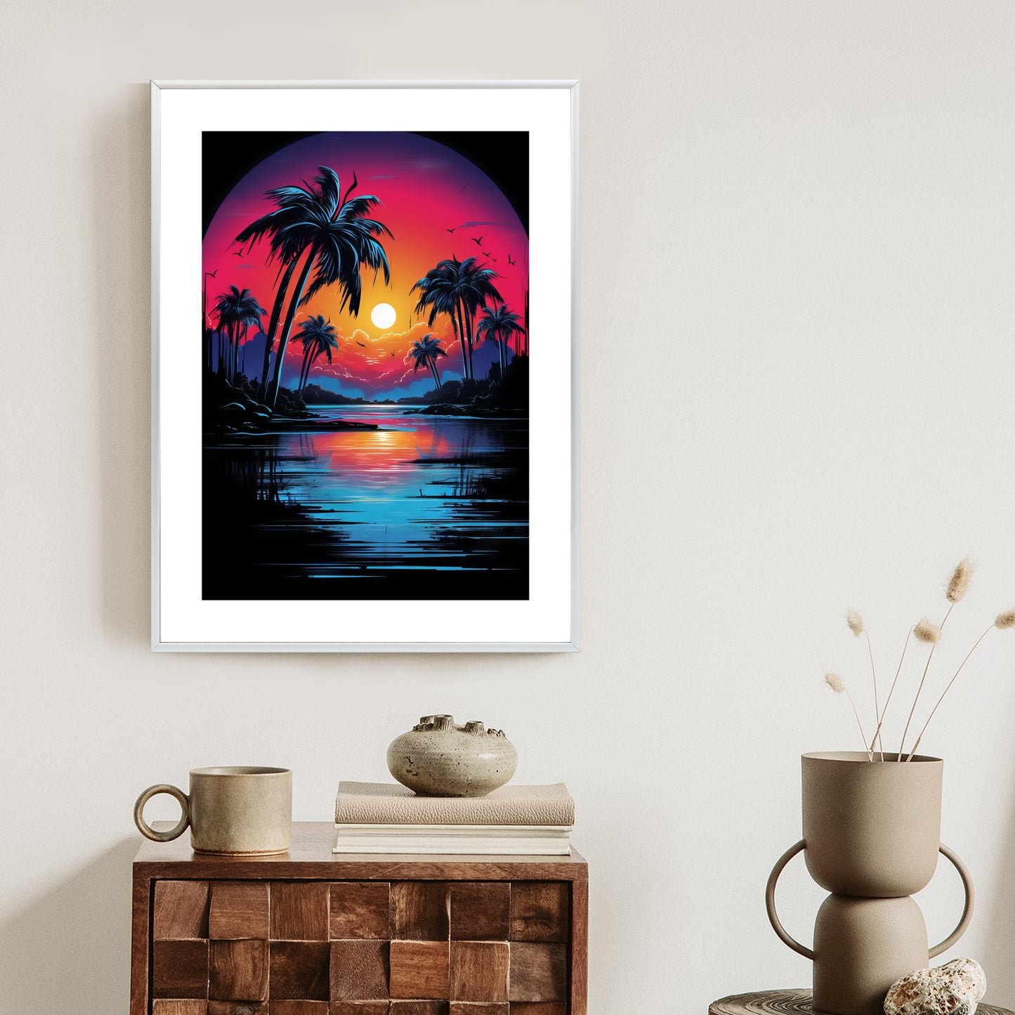 Poster Tropischer Sonnenuntergang Und Palmen Rahmen Holz Mit Passepartout Farbe Natürlich