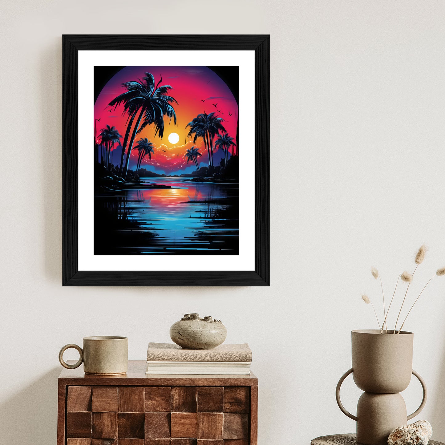 Poster Tropischer Sonnenuntergang Und Palmen Rahmen Holz Mit Passepartout Farbe Natürlich