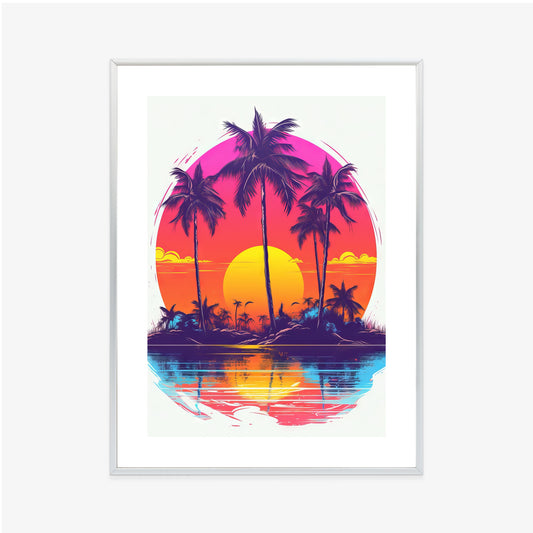 Poster Einsame Insel Mit Palmen Und Der Untergehenden Sonne