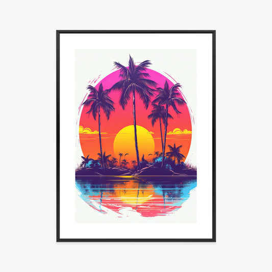 Poster Einsame Insel Mit Palmen Und Der Untergehenden Sonne