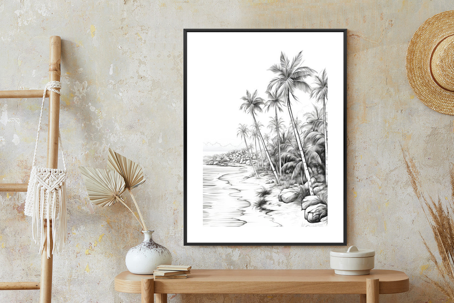 Poster Tropischer Strand Mit Palmen Und Sandiger Meeresküste Rahmen Holz Mit Passepartout Farbe Natürlich