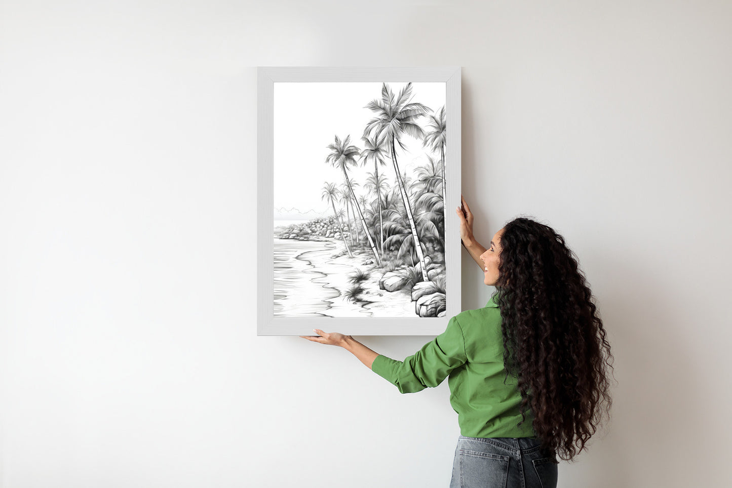 Poster Tropischer Strand Mit Palmen Und Sandiger Meeresküste Rahmen Holz Mit Passepartout Farbe Natürlich